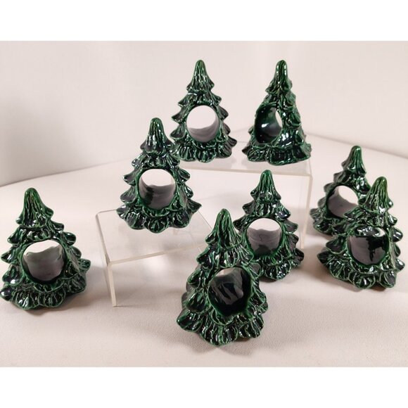 8 Vtg Ceramic Mold Christmas Tree Napkin Rings Green Hand Painted 3.5" Tall - Picture 1 of 5